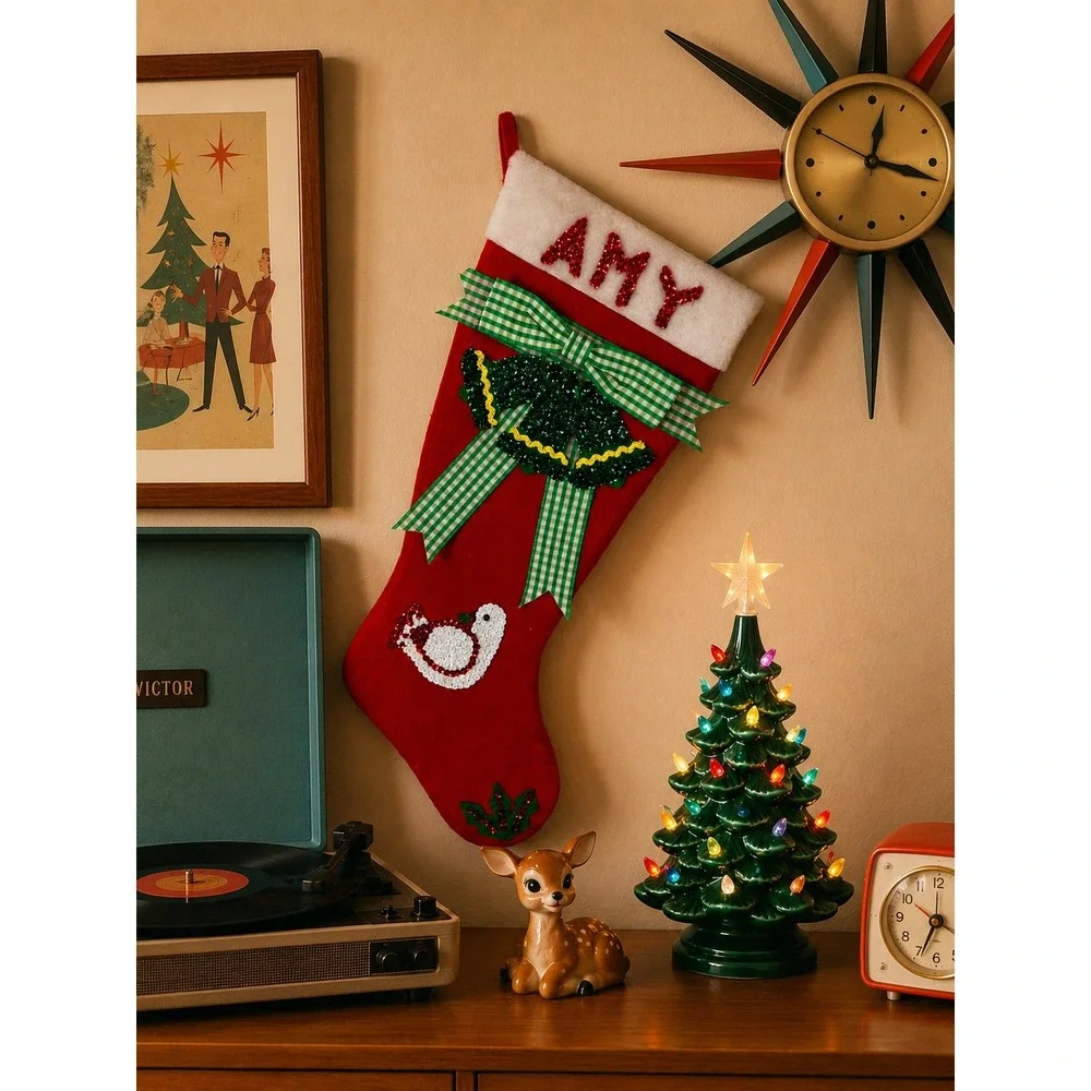 Handmade Christmas Stocking Unisex OS Red Good Sequin Bells Dove Amy Gingham Bow